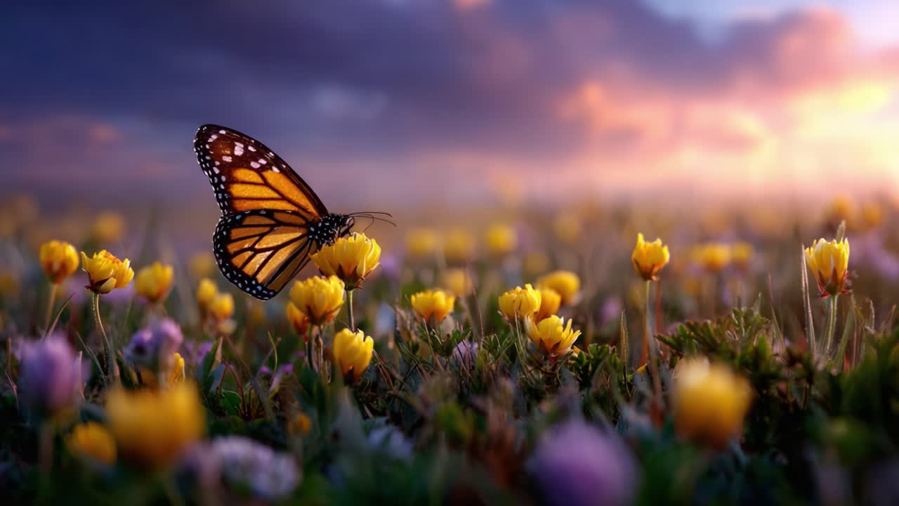 A Beautiful Monarch Butterfly Gracefully Perched Among Vibrant Wildflowers at Sunset, Capturing the Essence of Nature's Splendor in a Serene Landscape