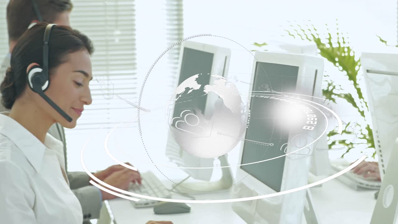 헤드 ⁇ 을 착용하는 행복한 다양한 사무실 직원들에 대한 연결 네트워크의 애니메이션