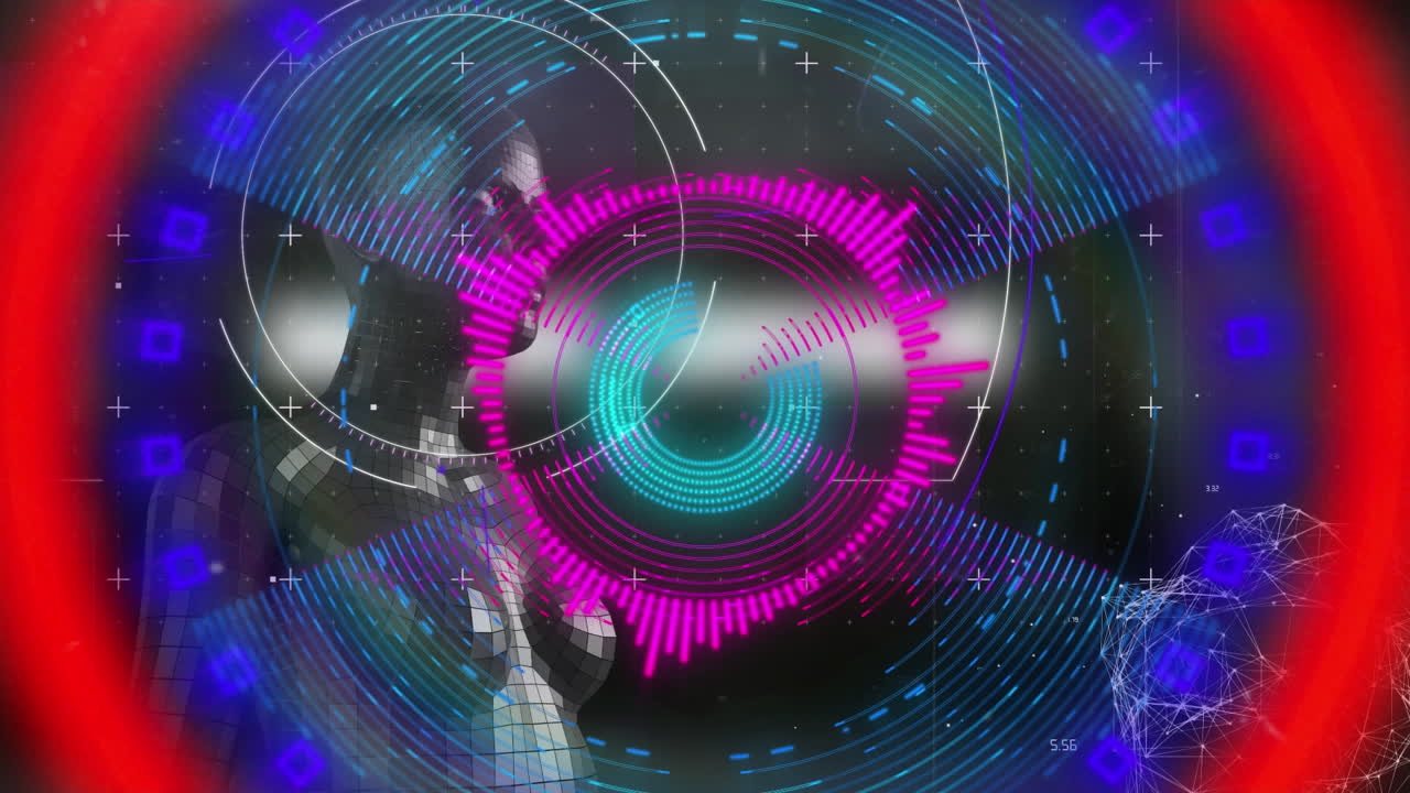 animación de formas de neón y procesamiento de datos sobre humano digital en fondo negro.
