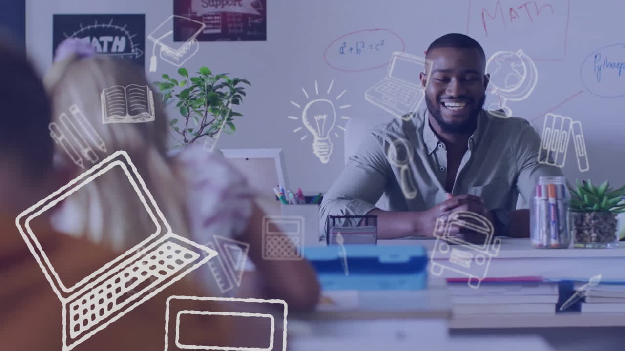 Animation of school items icons over happy diverse male teacher with students in classroom