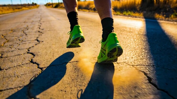 Spingendo via le gambe del corridore con il piede sinistro lungo una strada crepata, scarpe al neon che sollevano polvere per l'allenamento