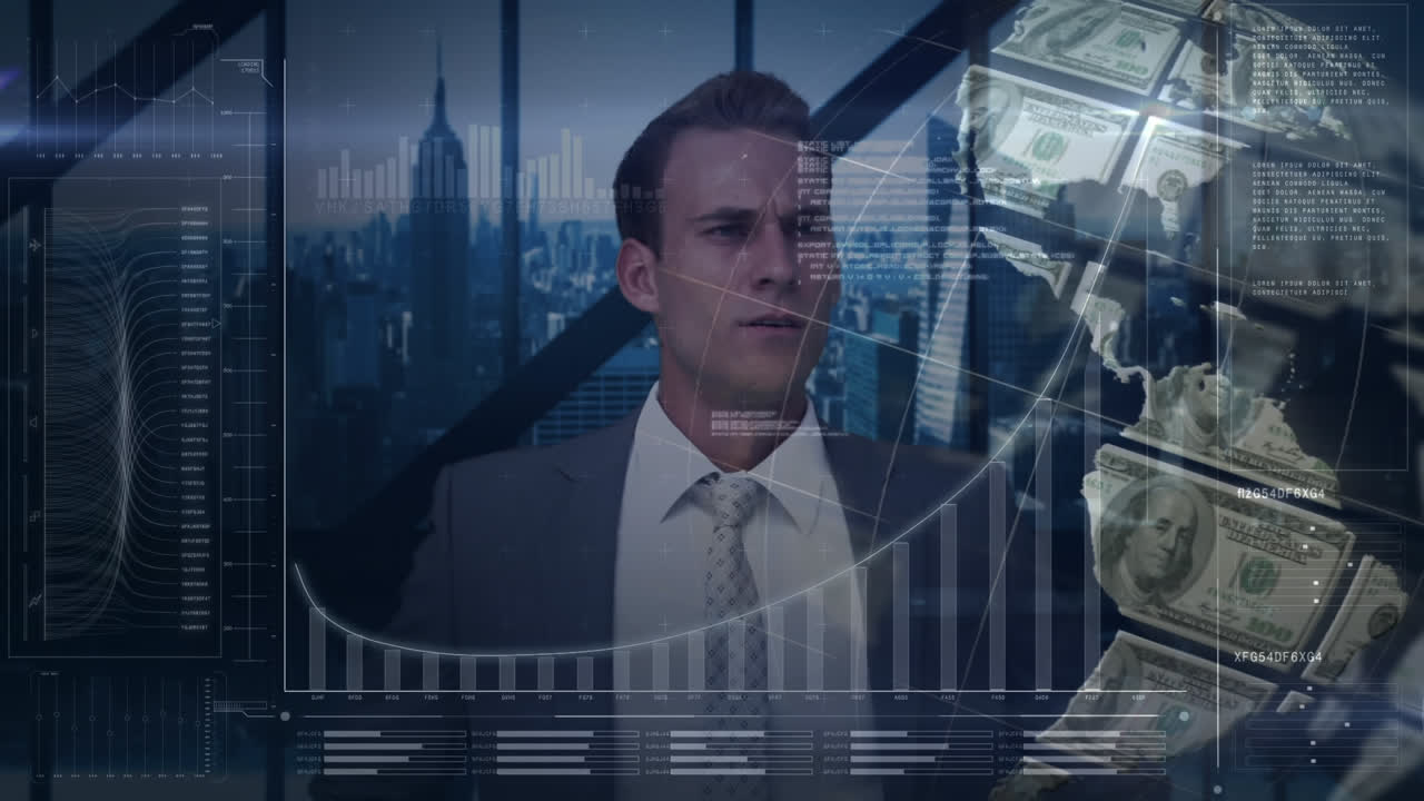 hombre de negocios usando una pantalla digital contra un globo giratorio