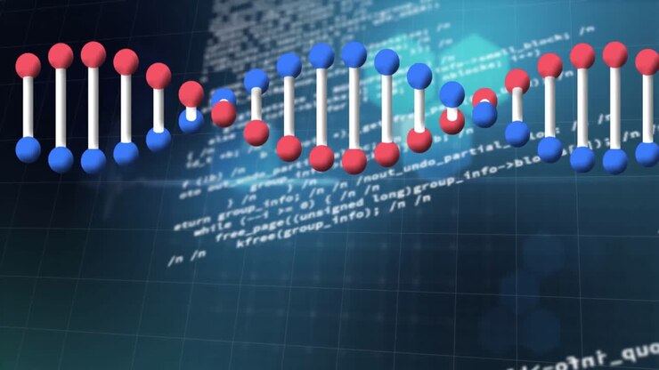 Animation dna strand over data processing and grid