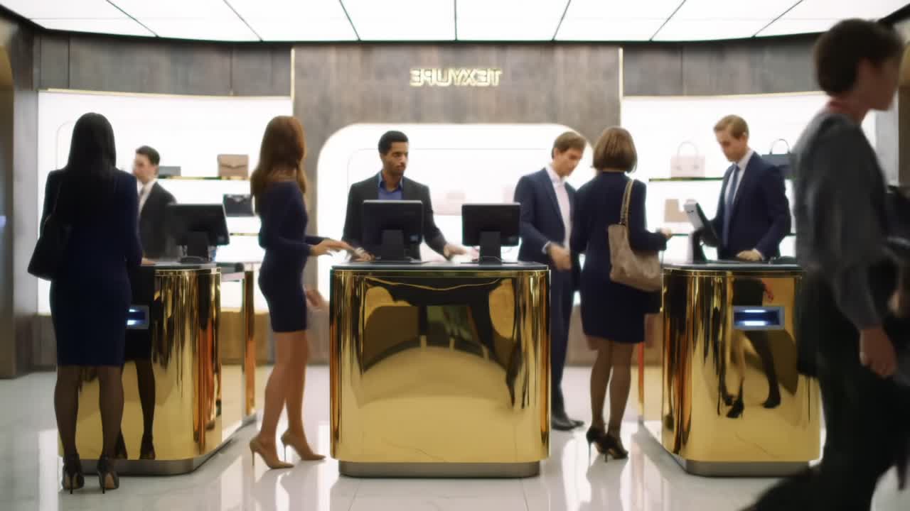 A High-End Retail Experience: Customers Engaging with Staff in an Elegant Store Featuring Polished Gold Counters and a Contemporary Atmosphere