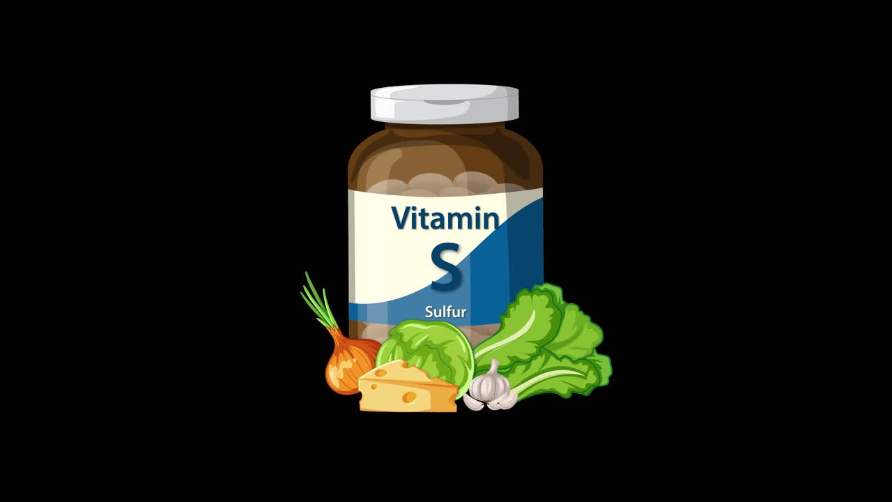 Vitamin S sulfur supplement bottle appears with assorted vegetables, smooth transition, centered on black background
