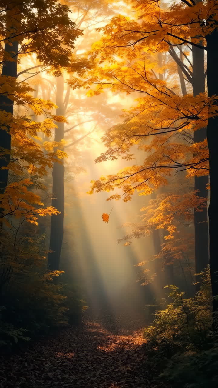 Misty Autumn Forest with Golden Sun Rays