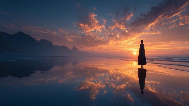 A serene silhouette of a woman standing at the water's edge, reflecting on the tranquil sunset, capturing the essence of peace and solitude amidst nature's beauty