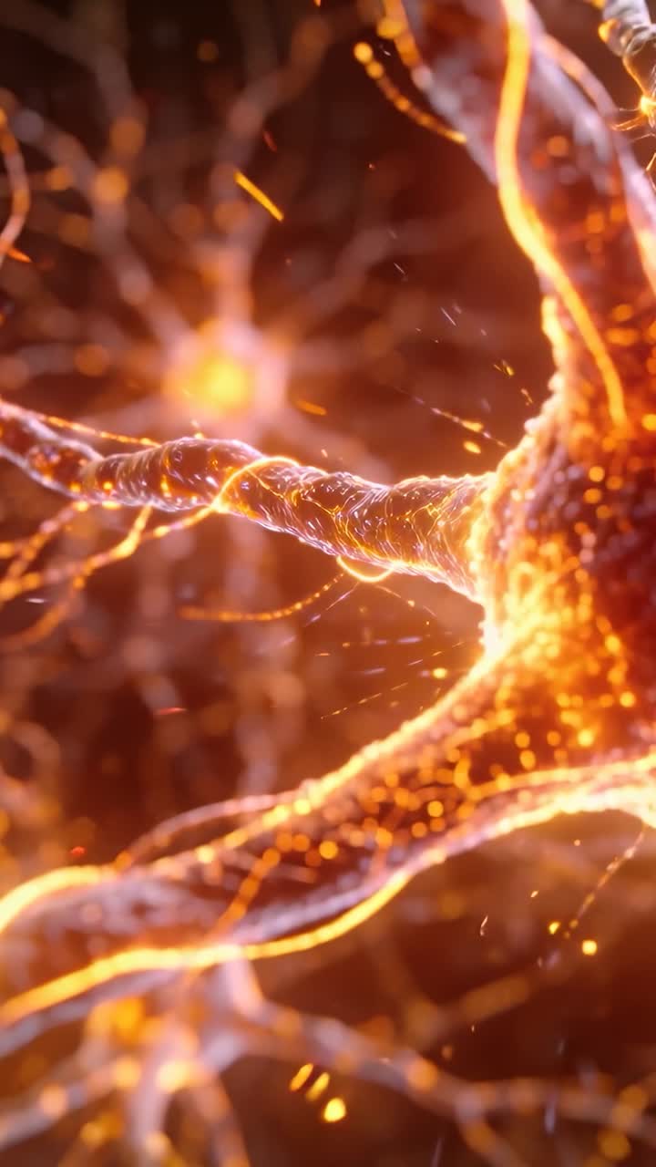 View pulling back showing glowing neuron soma with thick neurite in amber glow, pulsing filaments