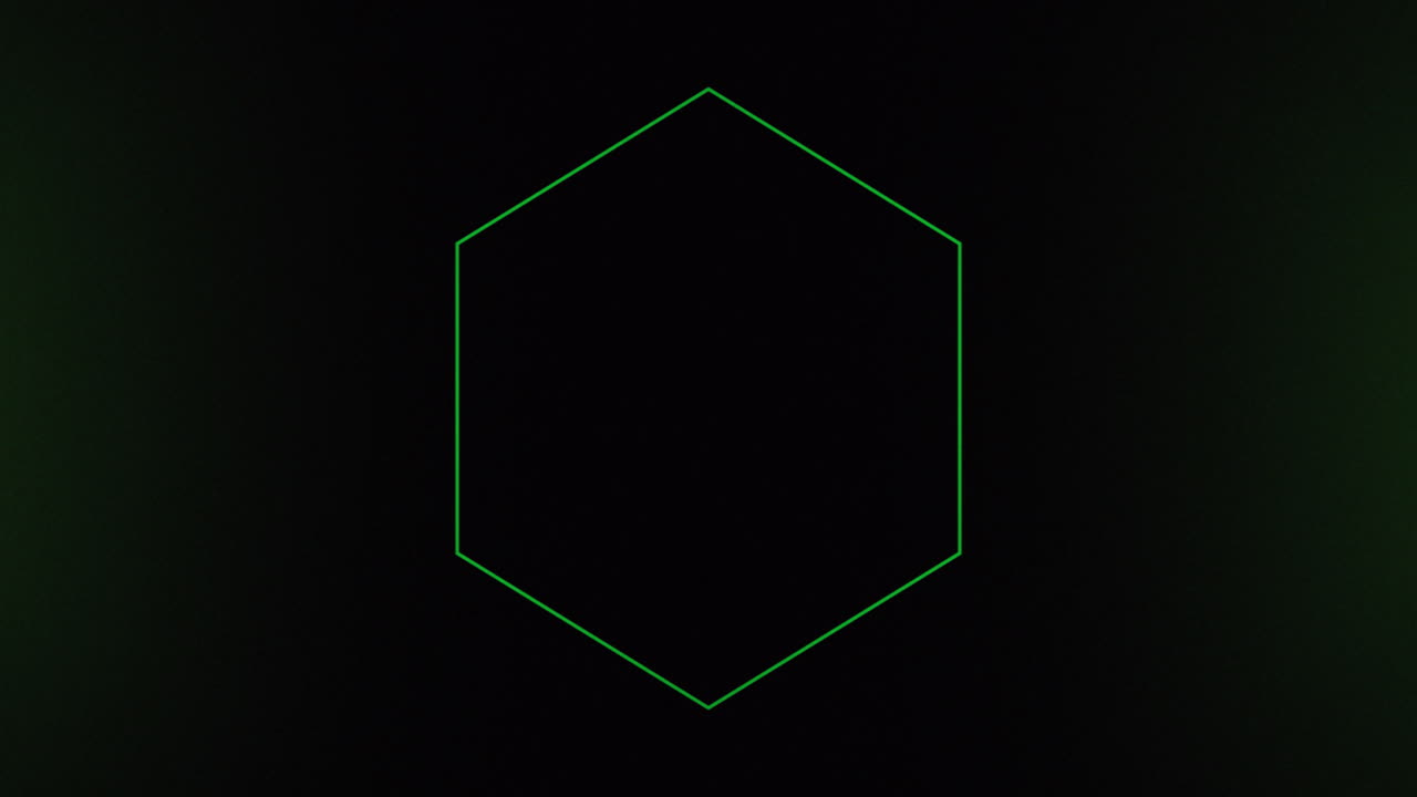 어두운 배경에  ⁇ 박이는 초록색 네온 육각형의 애니메이션