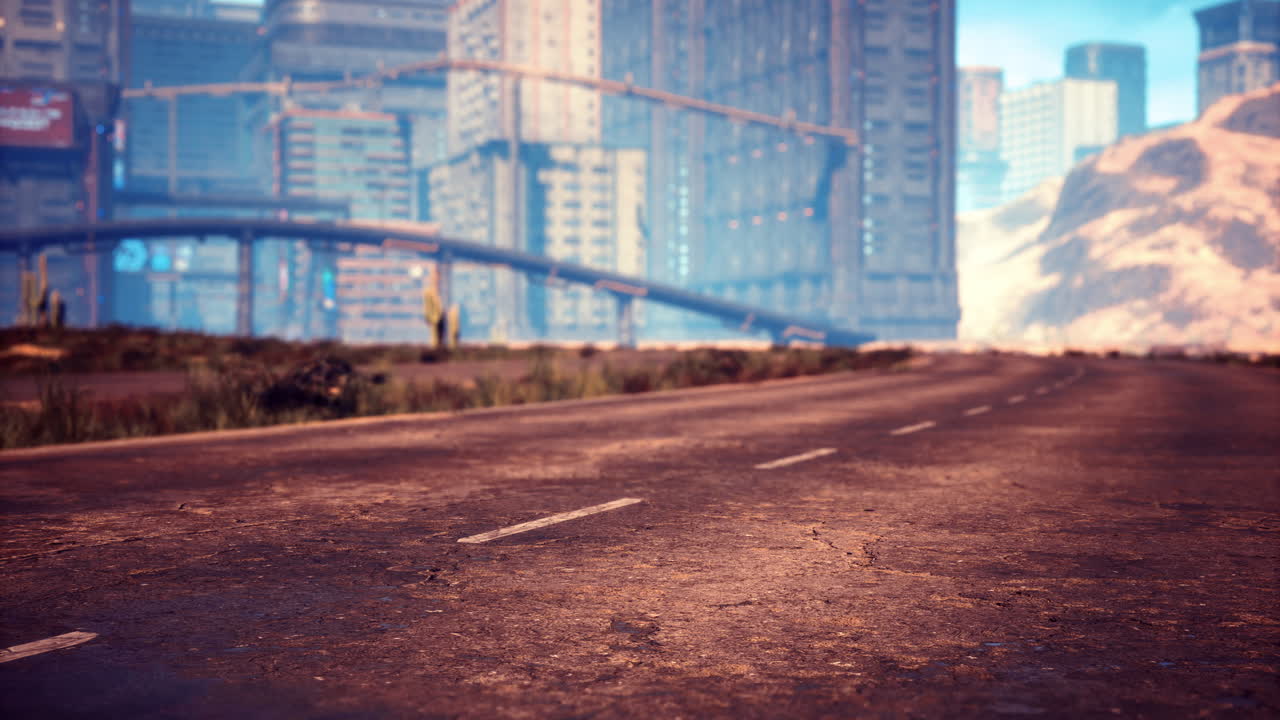 Urban landscape featuring a deserted road with towering buildings nearby