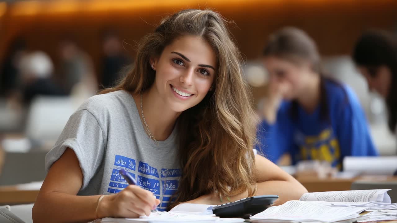 Studente concentrato e impegnato nello studio, che prende appunti e risolve problemi con la calcolatrice in un ambiente di apprendimento moderno e luminoso