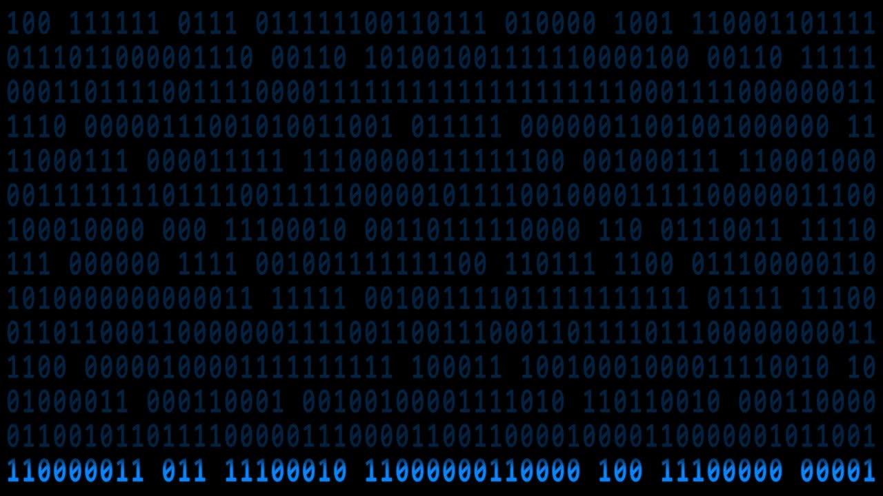 Abstract motion over varying blue binary code background in 4K - brightening via light bar in vertical movement