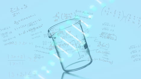 animación de la hélice de adn, ecuaciones matemáticas sobre un vaso de vidrio vacío giratorio.