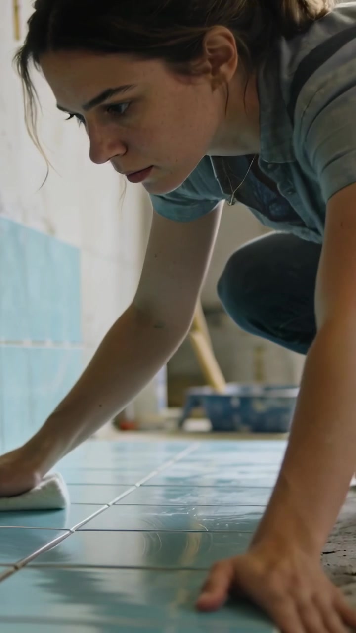 Video vertical: Mujer estirándose con camisa gris presionando paño, limpiando lechada en azulejos azules en baño.