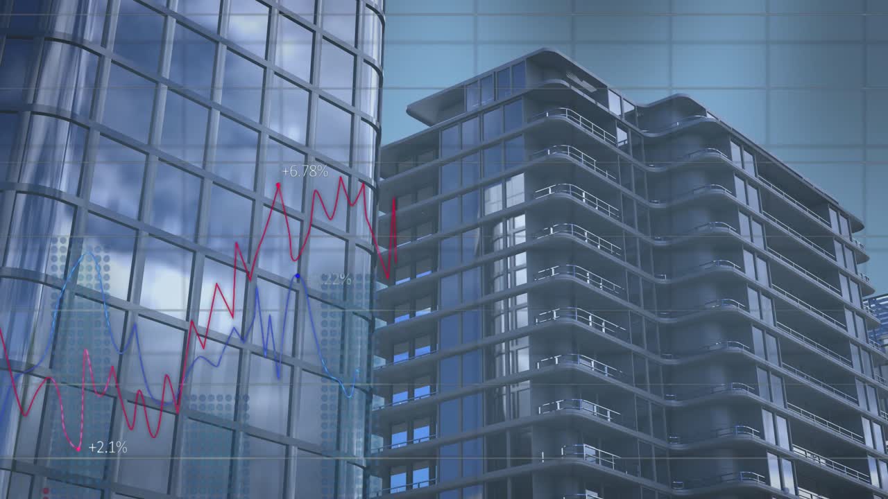 animación del procesamiento de datos estadísticos contra edificios altos