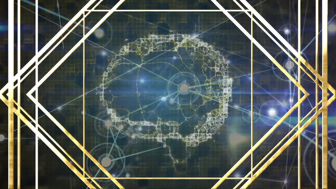 animación de marco dorado, circuito integrado y cerebro sobre fondo negro