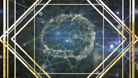 animación de marco dorado, circuito integrado y cerebro sobre fondo negro