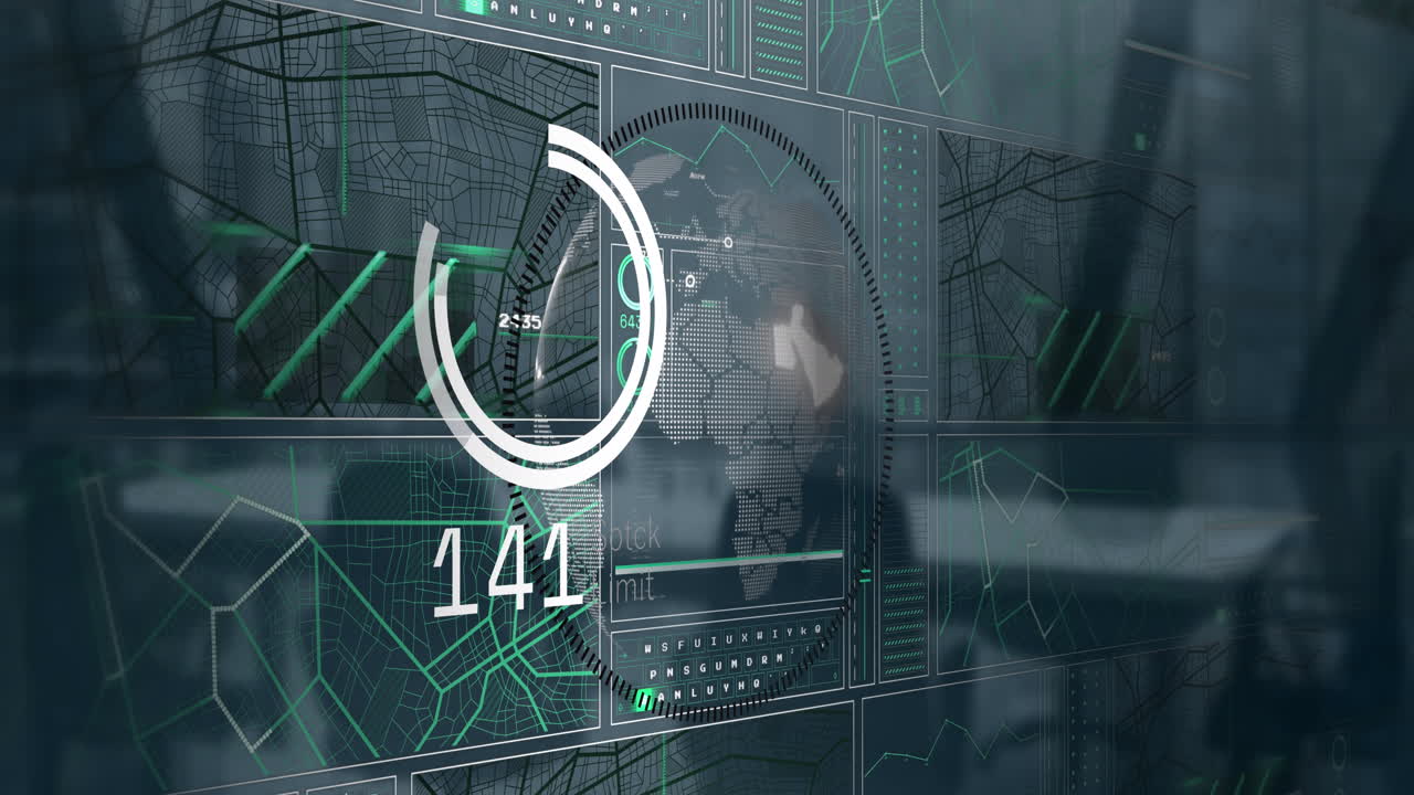 animación de la interfaz con procesamiento de datos sobre el globo giratorio contra la oficina vacía.