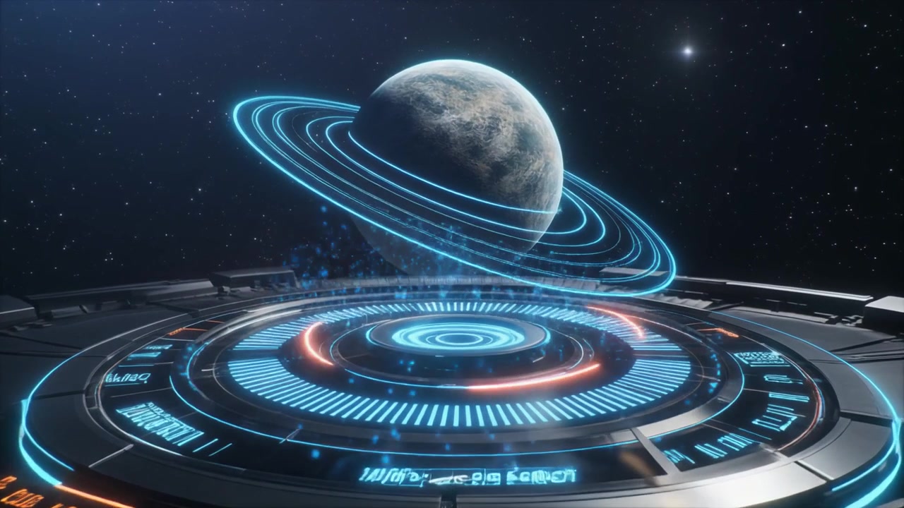 Futuristic Holographic Planet Display with Rotating Rings in Space