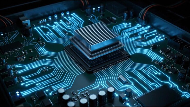 Stablet processorchip oplyst af blåt lys på futuristisk printplade