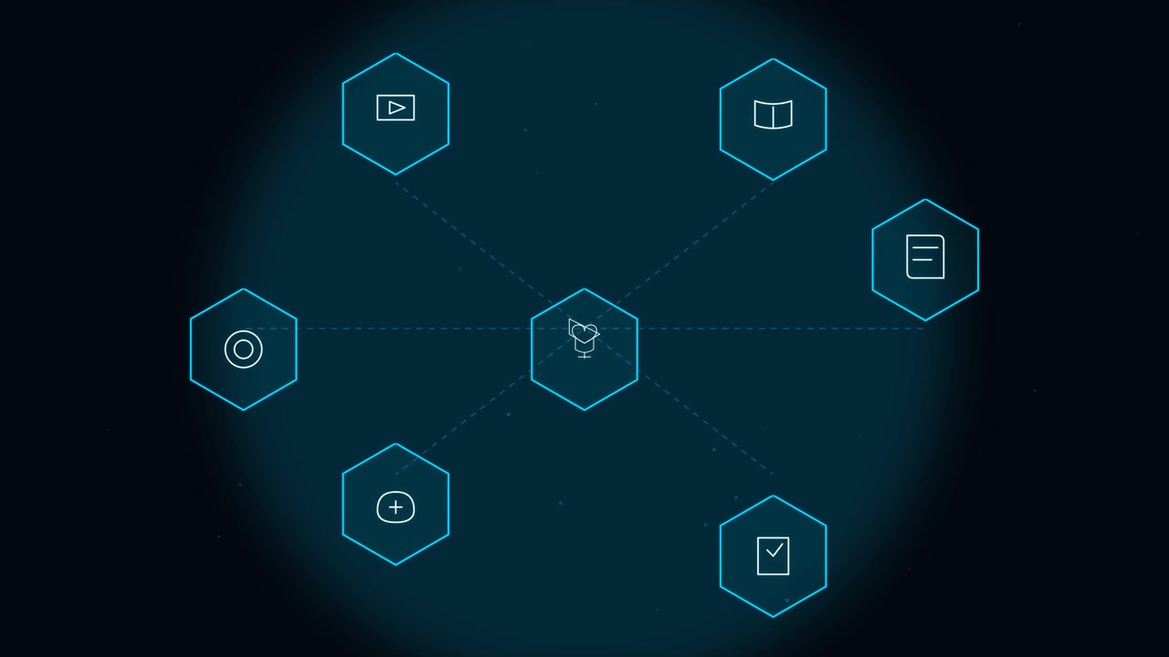 Animated Digital Network Diagram with Hexagonal Icons