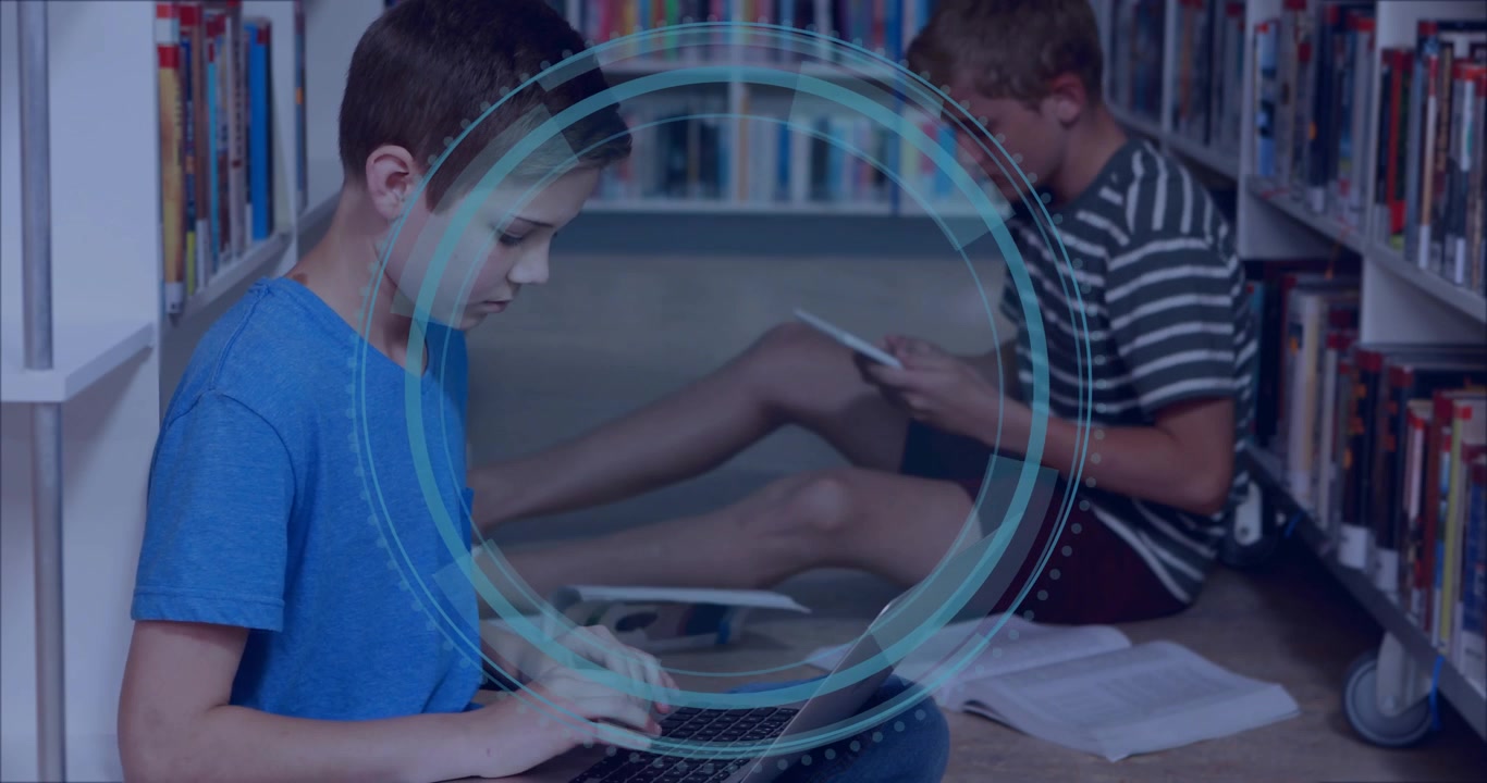 Boys typing devices in library, Cyber Security appearing between them, HUD expanding for learning