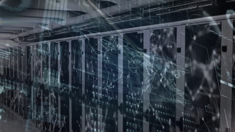 animation of network of connections and data processing over server room