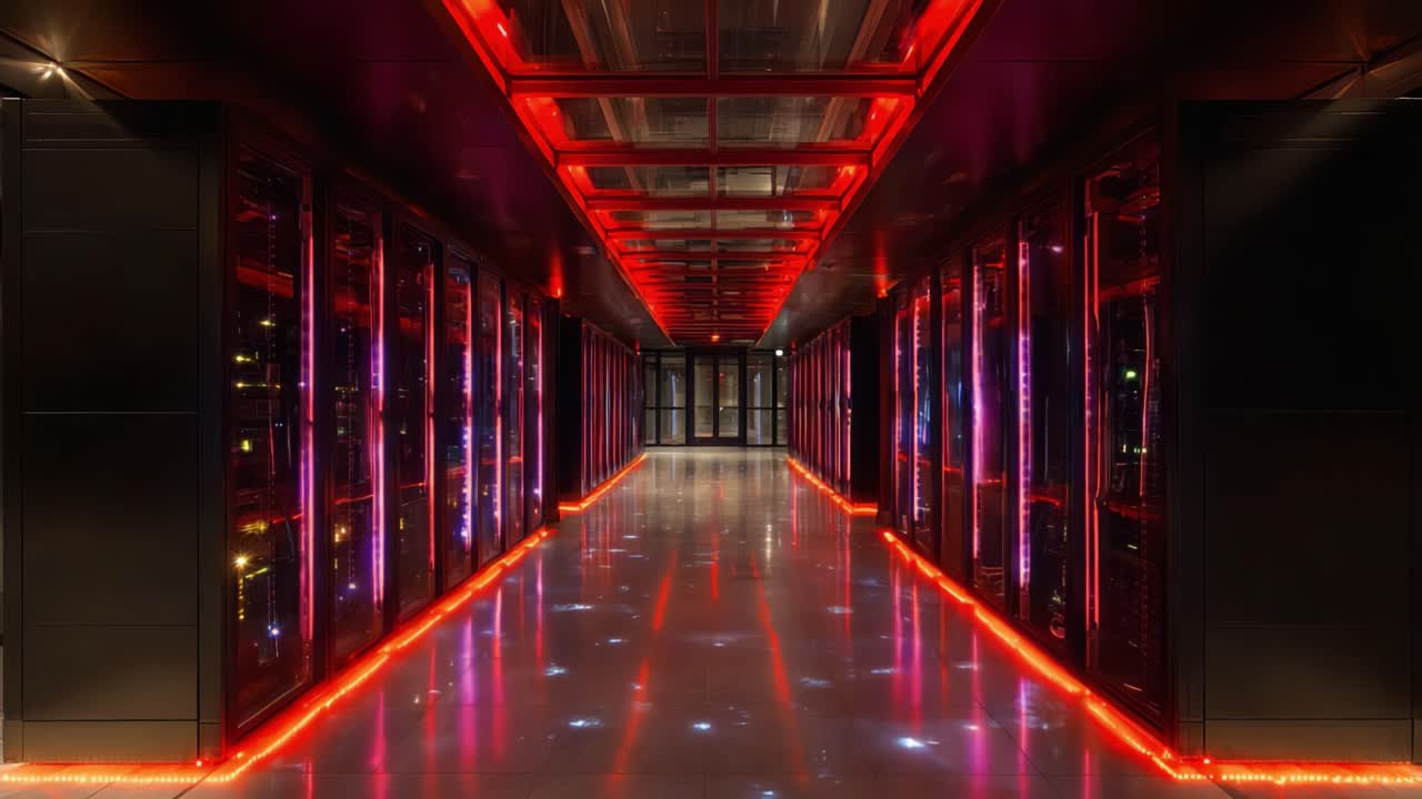 Un corridoio di data center contemporaneo illuminato con vivaci luci blu e rosse, che mostra la moderna tecnologia dei server in un ambiente coinvolgente.