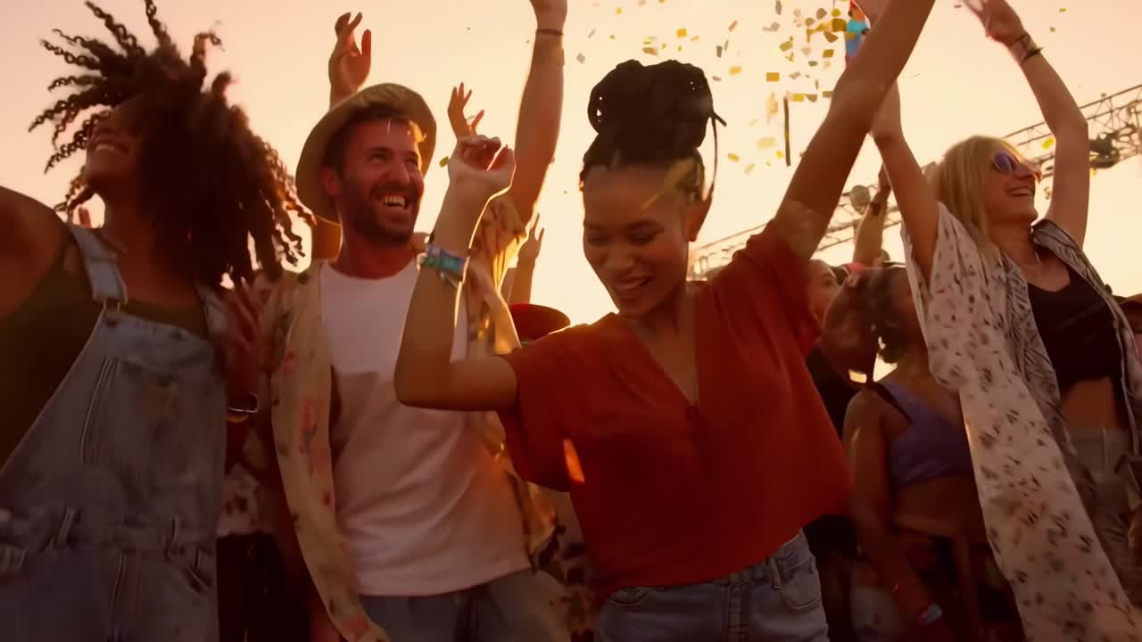 Il video cattura amici gioiosi che ballano al tramonto, la ripresa dal basso evidenzia l'energia vibrante.