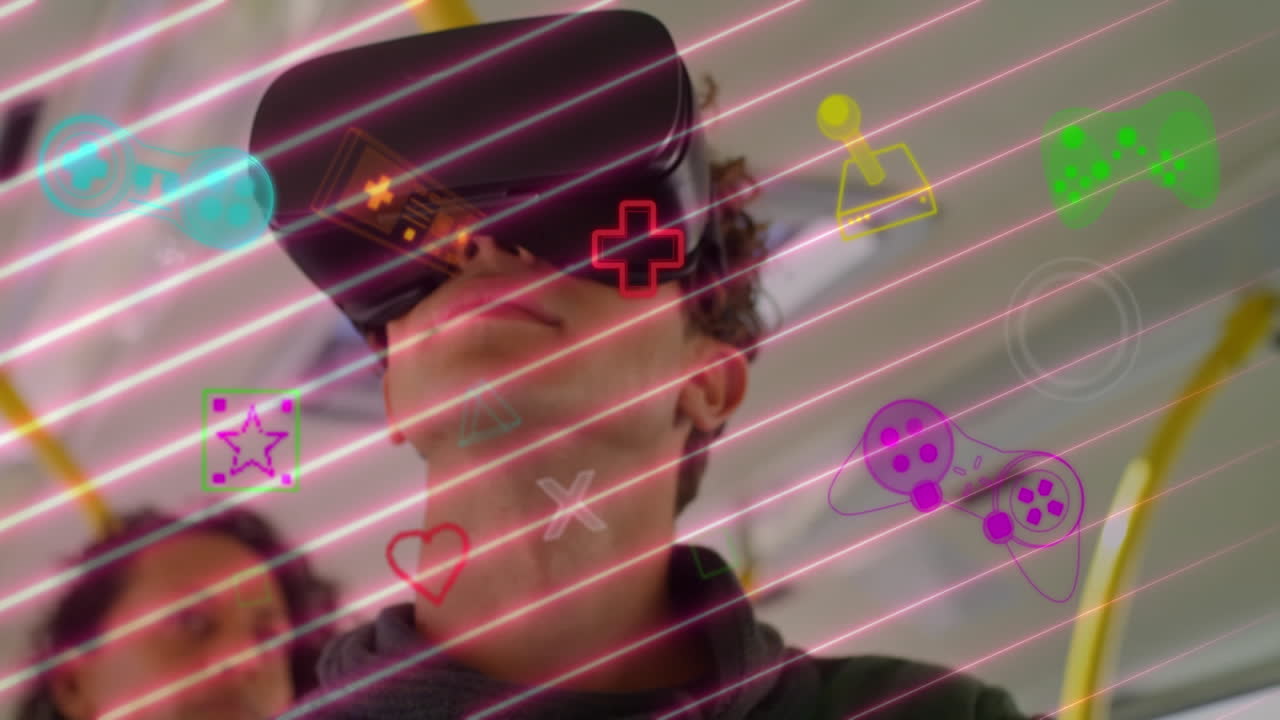 animación de iconos de medios sobre el hombre usando auriculares vr