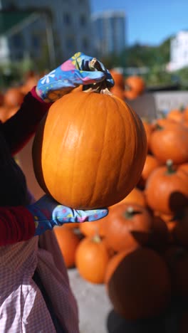 mujer sosteniendo una gran calabaza
