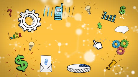 animación de redes blancas sobre iconos de negocios, oficinas y medios dibujados sobre fondo amarillo