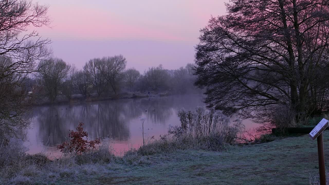 video del lago convento oscuro y brumoso al amanecer en thetford, norfolk, reino unido en timelapse
