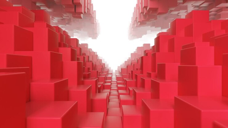 Tunnel geometrico astratto composto da cubi rossi con movimento casuale. Loop fluido rendering 3D