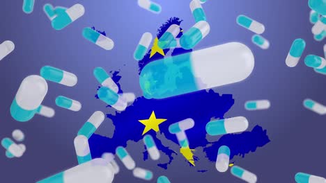 pills falling against eu map made of eu flag