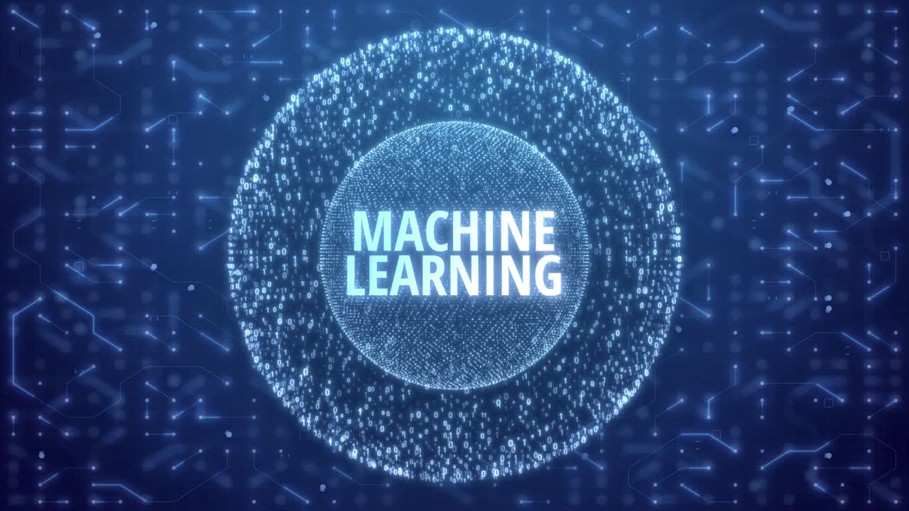 Machine Learning Concept over Matrix sphere on circuitry background. random numbers in form of sphere over circuit blue background