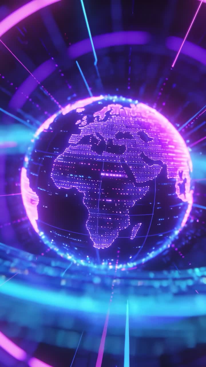 Booting initiating holo globe rotating clockwise in cyber space, showing tech data with neon rings