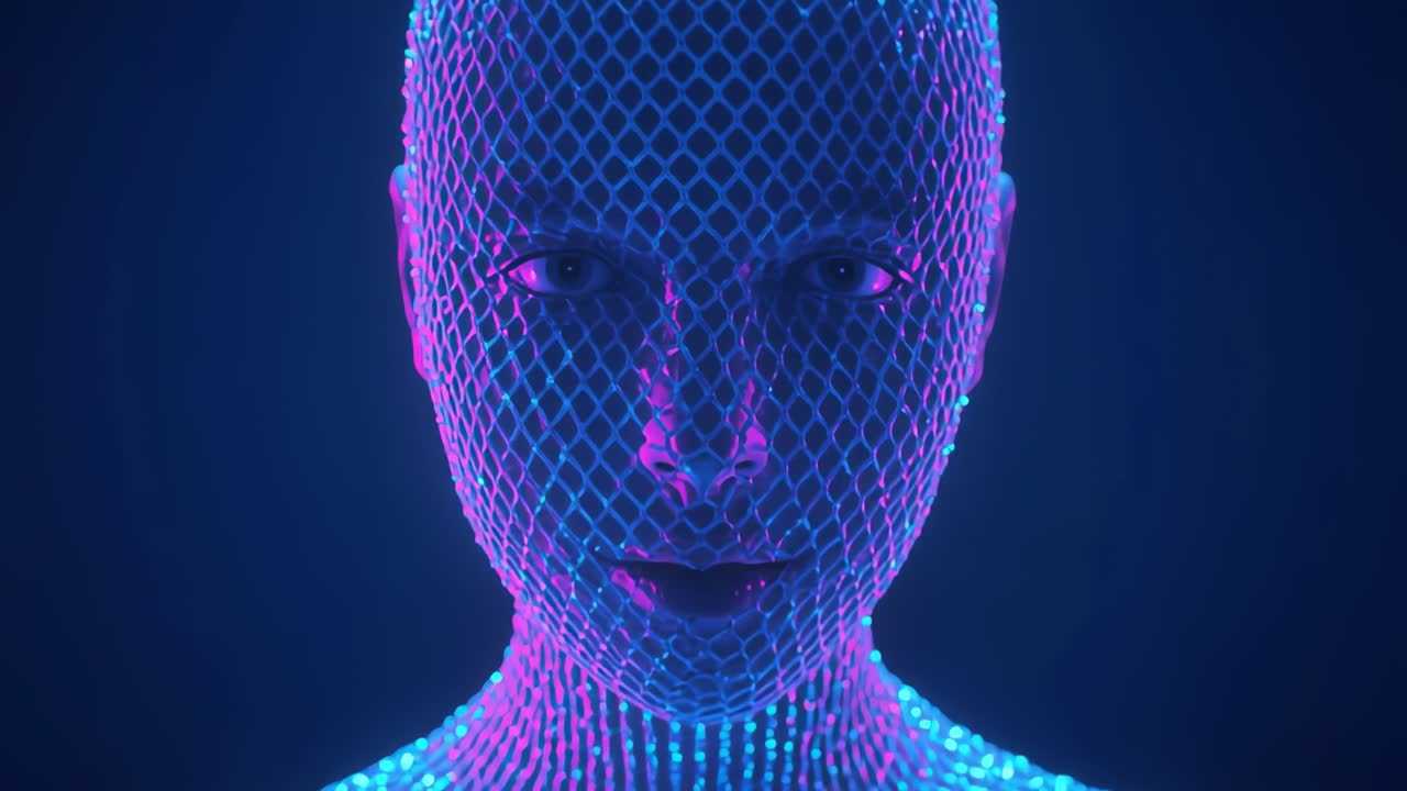 Zooming camera approaching neon mesh humanoid head in gradient void, revealing mesh glow at start