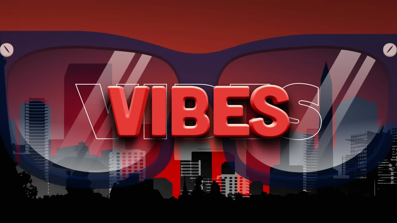 animación de vibraciones texto sobre gafas y paisaje urbano