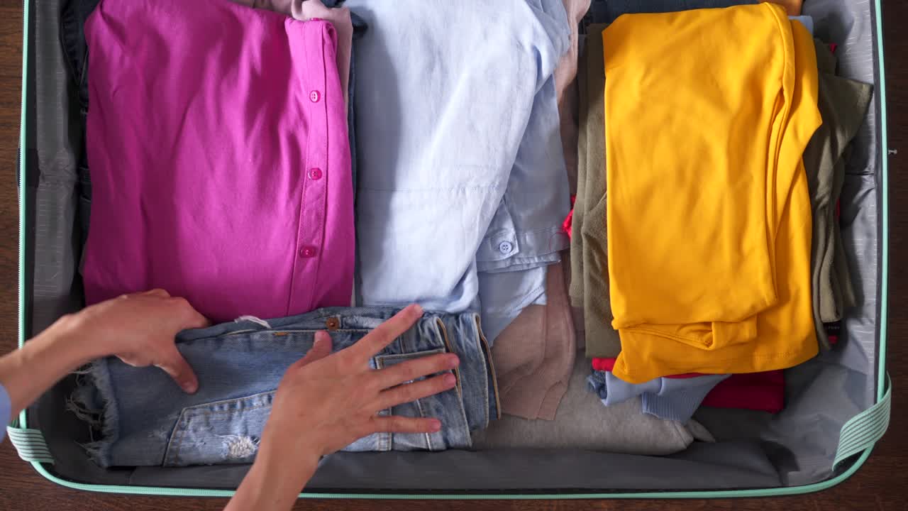 Hands packing suitcase for summer vacation