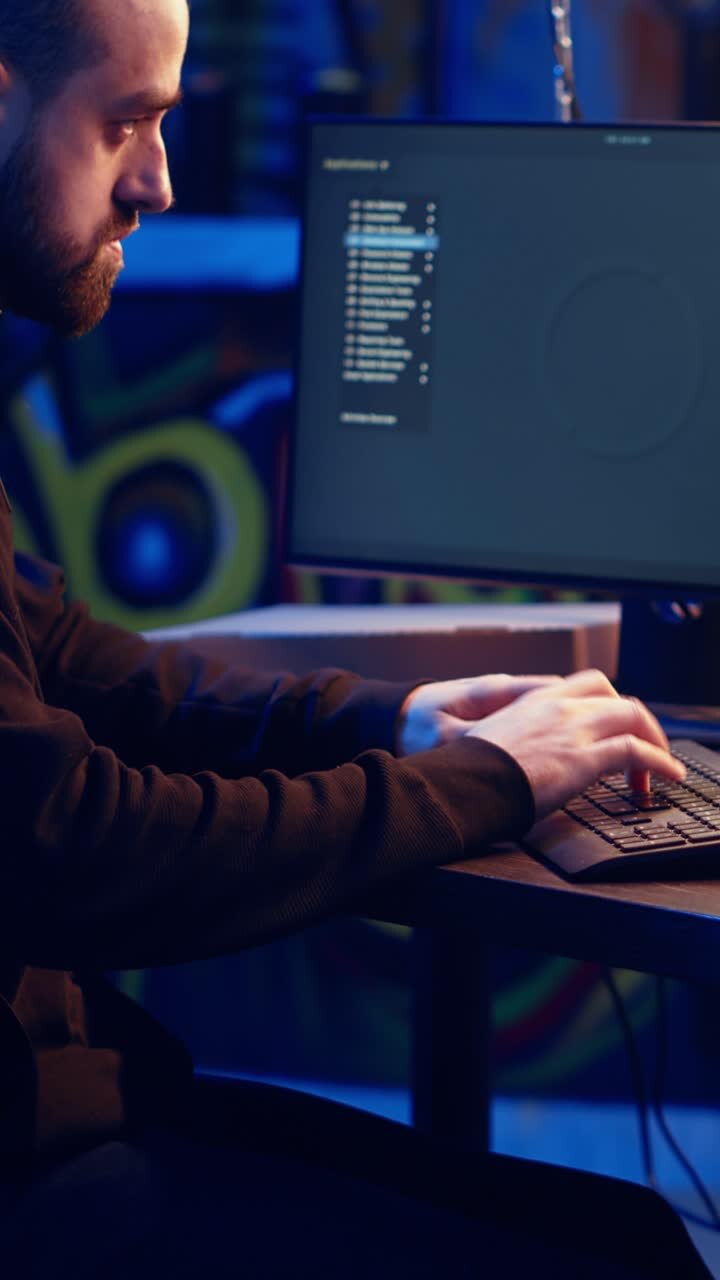 Vertikal video: Hacker lytter til musik, mens han gemmer sig i en underjordisk bunker og koder