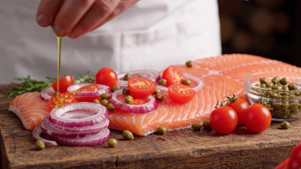 Salmone appena preparato con cipolle rosse affettate, pomodorini e capperi verdi su un tagliere di legno, che mette in mostra la presentazione culinaria e la preparazione degli ingredienti.