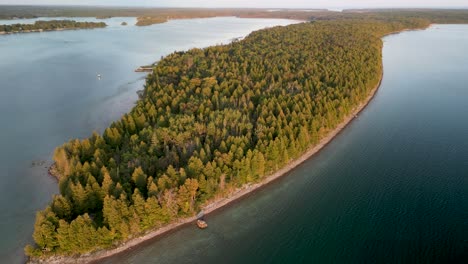 Aerial-pan-of-golden-hour-lit-up-trees-on-island-peninsula,-Marquette-Island,-Les-Cheneaux-Islands,-Michigan