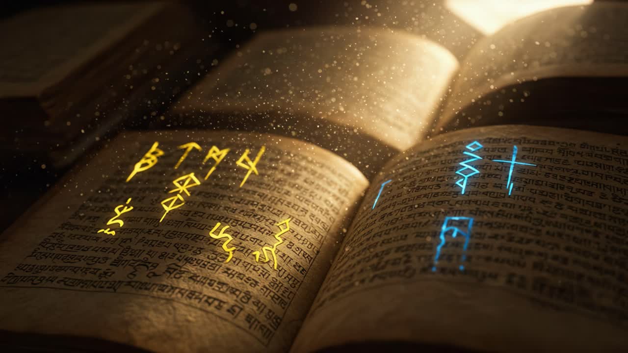Ancient Manuscripts Illuminating Mystical Symbols in Ethereal Light, Revealing Secrets of Forgotten Language and Knowledge in a Timeworn Setting