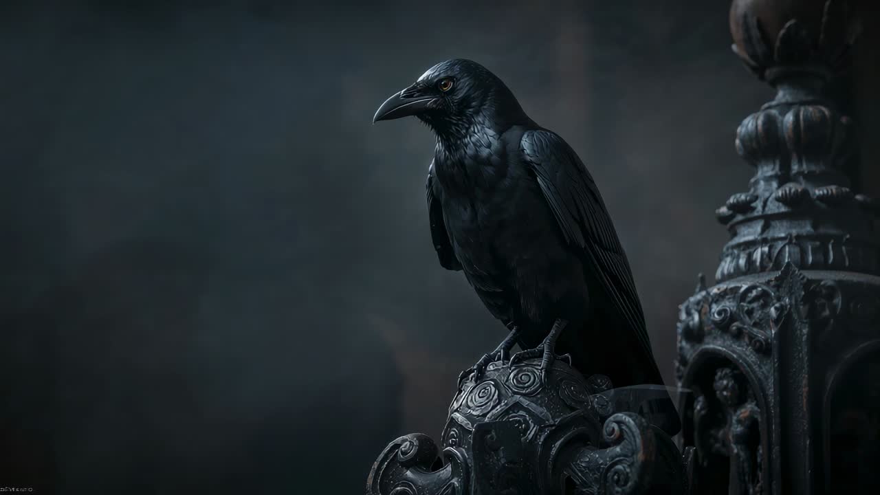 Scanning surroundings crow leaning forward and pecking carved gothic finial atop pillar, copy space