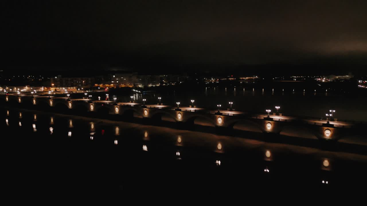 Pont de Pierre, Night Lights Reflection, Bordeaux - aerial