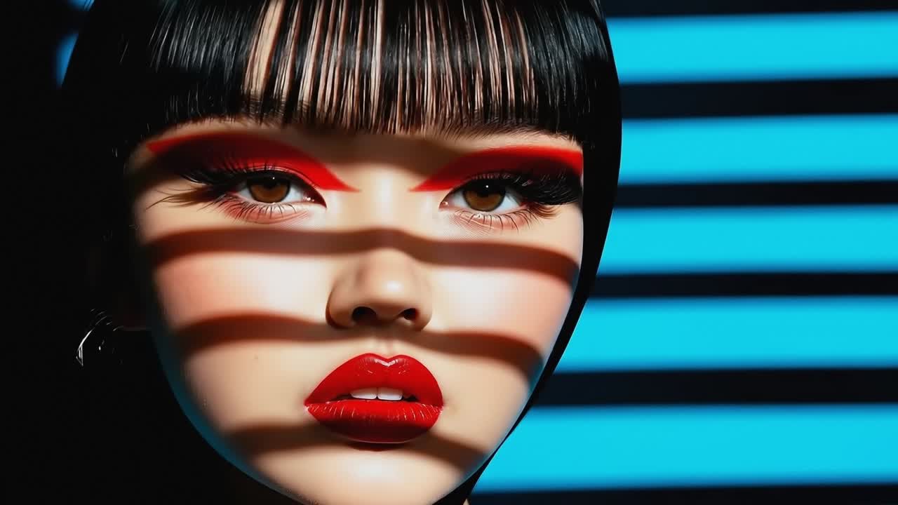 A woman with red lipstick and bangs in front of a blue and black background