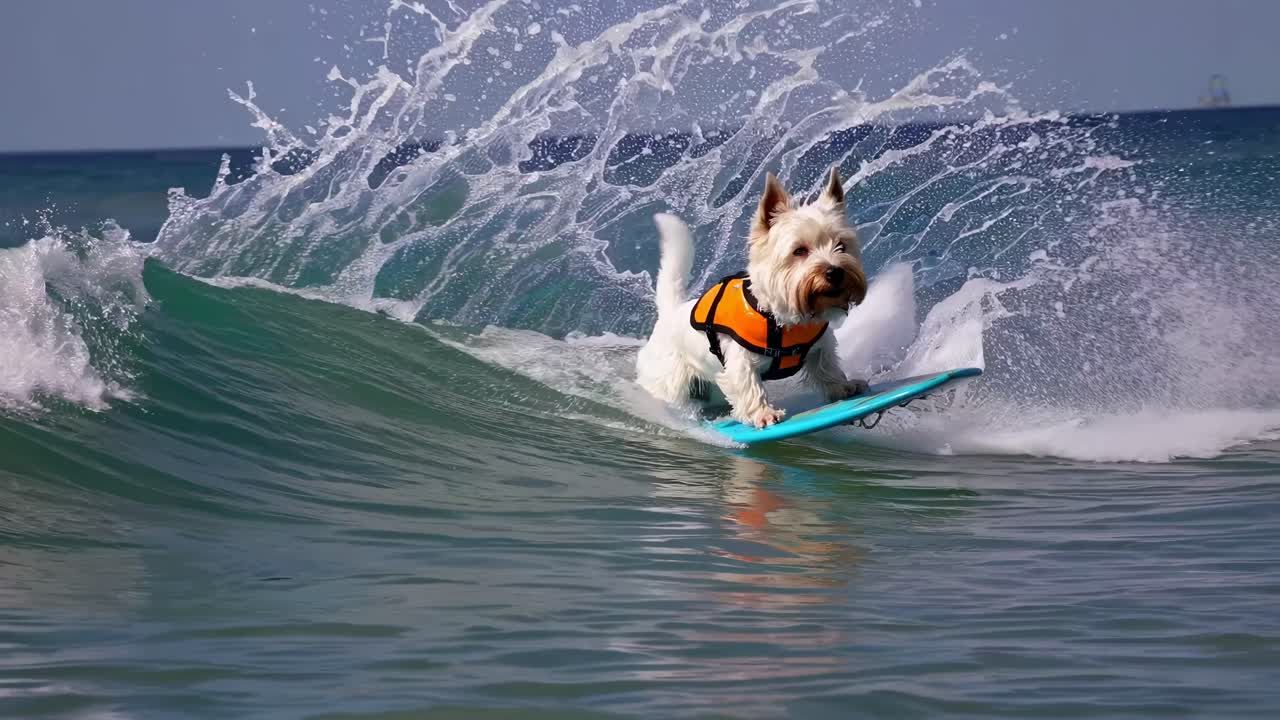 A playful video captures a dog surfing on a blue board, shot from a low angle