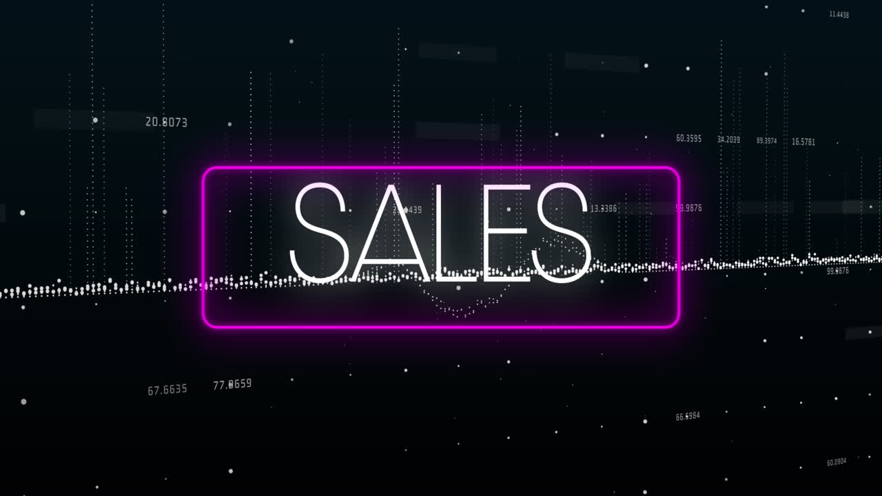 Animation of sales text in rectangle and graphs with increasing numbers against black background