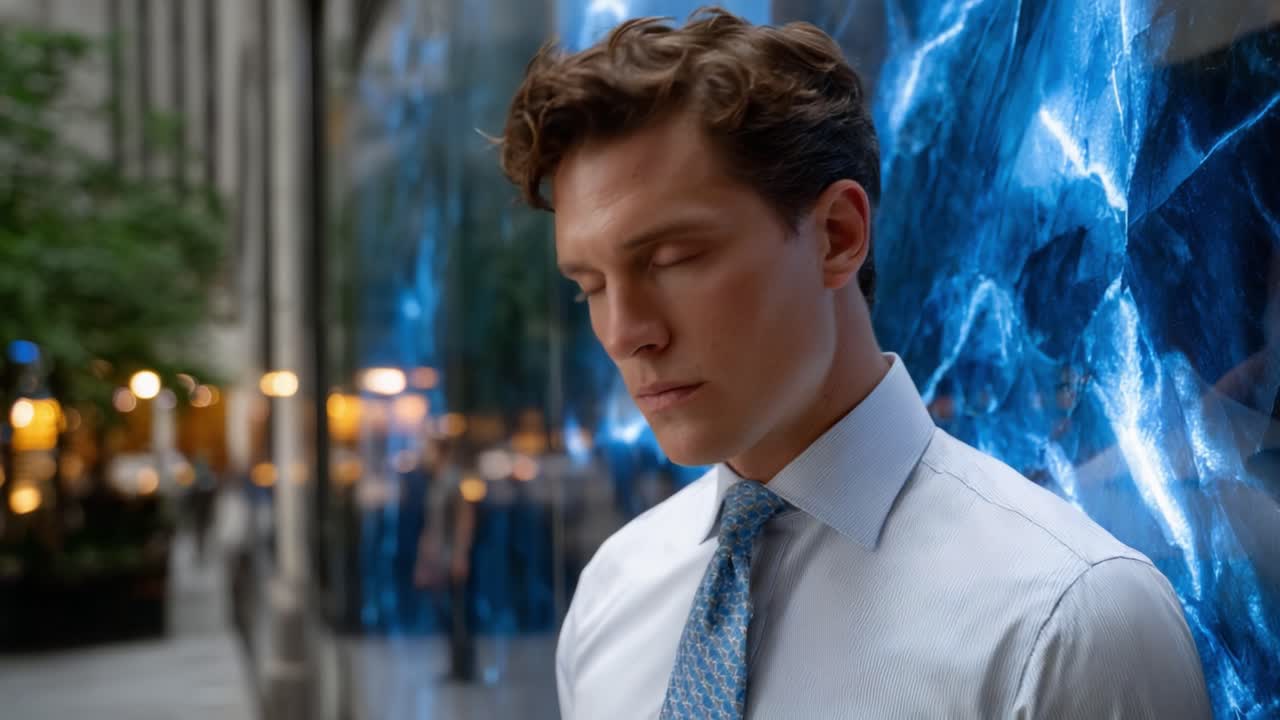 A Thoughtful Moment: A Young Man in a Dress Shirt and Tie Takes a Pause Against a Vibrant Urban Backdrop of Blue Patterns and Soft Lights in a City Environment